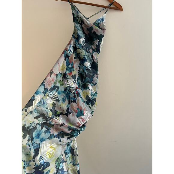 Sau Lee Frieda Chiffon Low Back Dress in Blue Multi Size 2 - Picture 4 of 9